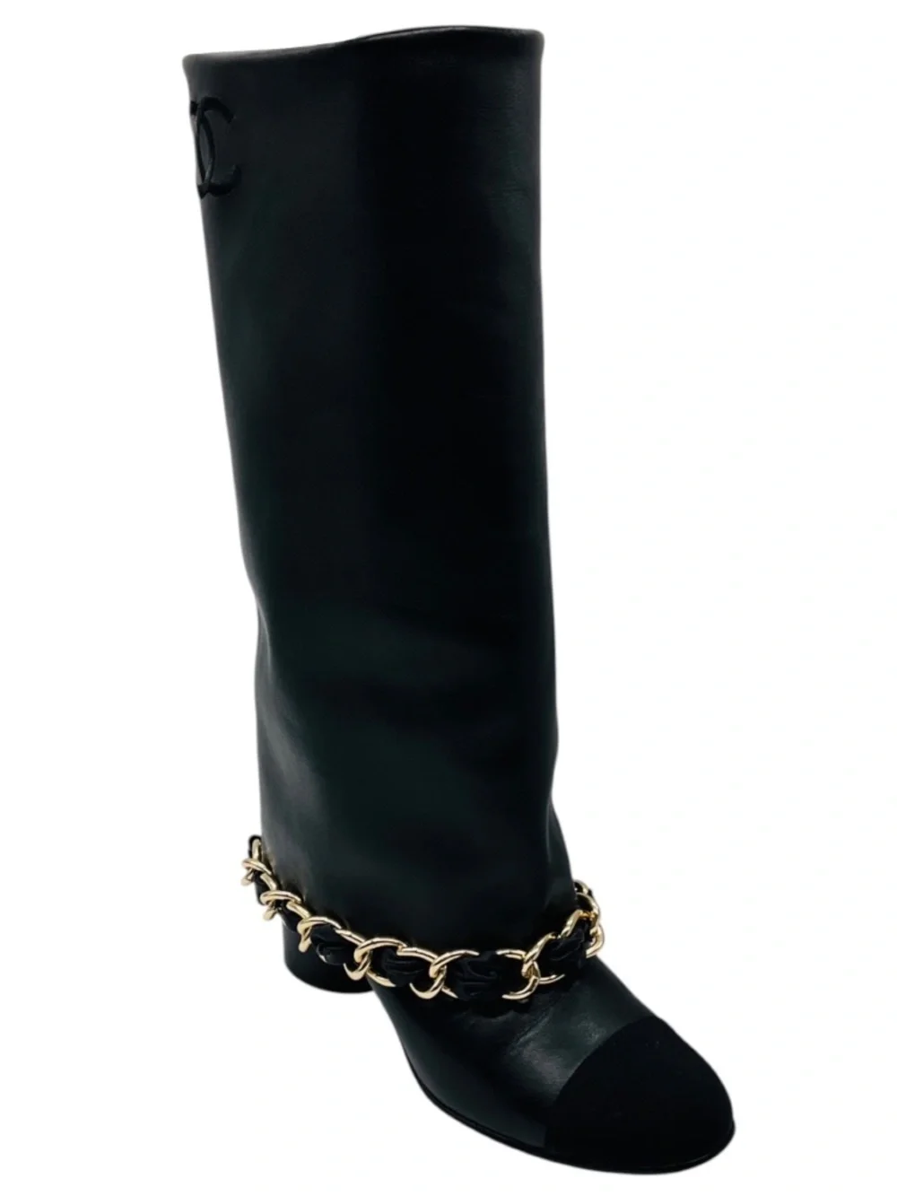 CHANEL BLACK CC LOGO EMBROIDERED TALL LEATHER BOOTS WITH GROSGRAIN CAP TOE AND G